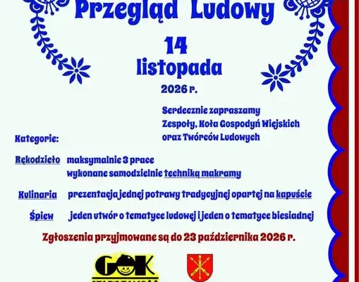 XIV Międzygminny Przegląd Ludowy – zaproszenie dla KGW i twórców ludowych
