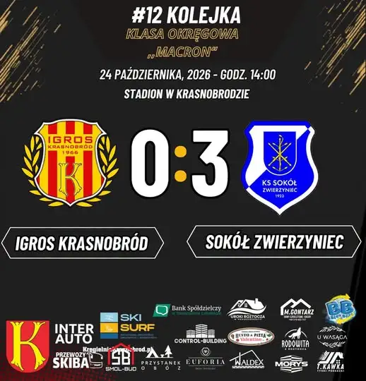 Igros Krasnobród przegrywa derby z Sokołem Zwierzyniec 0:3